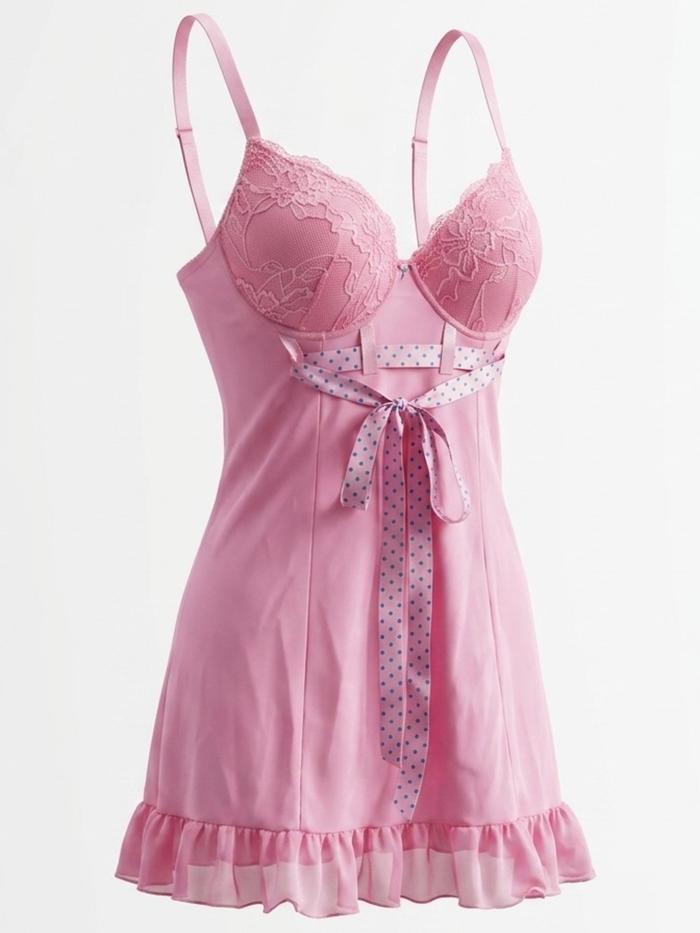 La Vie En Rose Pastel Pink Lace-Trim Chemise with Ribbon Tie Size M